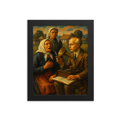 Béla Bartók collecting village songs framed print on a plain backdrop in size 8"x10".