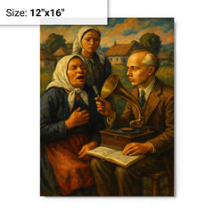Béla Bartók collecting village songs metal print on a plain backdrop in size 12"x16".
