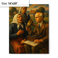 Béla Bartók collecting village songs metal print on a plain backdrop in size 16"x20".