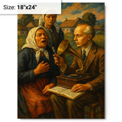Béla Bartók collecting village songs metal print on a plain backdrop in size 18"x24".