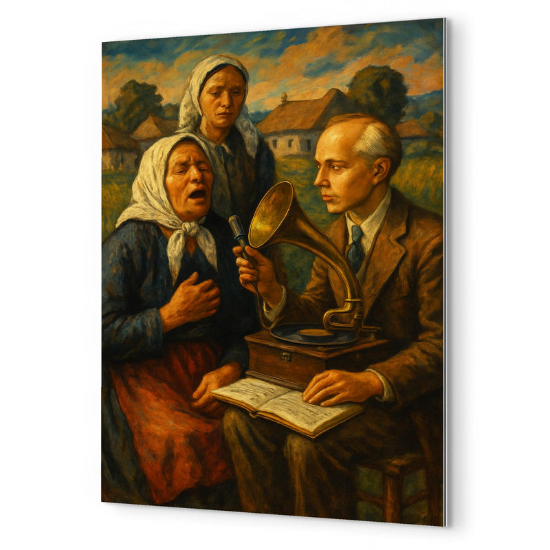 Béla Bartók collecting village songs metal print mockup
