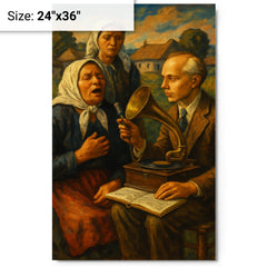 Béla Bartók collecting village songs metal print on a plain backdrop in size 24"x36".