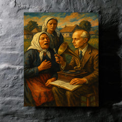 Béla Bartók collecting village songs metal print mockup