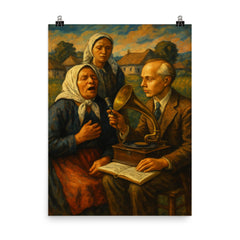 Béla Bartók collecting village songs poster on a plain backdrop in size 8"x10".