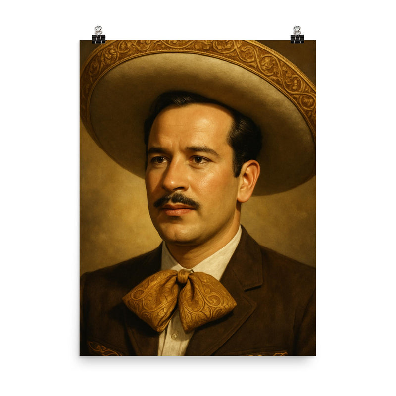 Beautiful fully photorealistic portrait of Pedro Infante poster on a plain backdrop in size 8