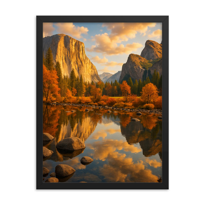 Beautiful picture of Yosemite framed print on a plain backdrop in size 18