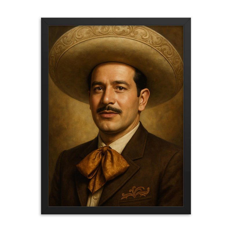 Beautiful portrait of Pedro Infante framed print on a plain backdrop in size 18
