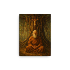 Bede Griffiths beneath banyan and crucifix canvas print on a plain backdrop in size 12"x16".