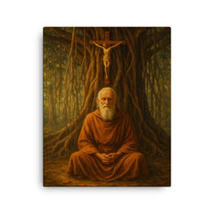 Bede Griffiths beneath banyan and crucifix canvas print on a plain backdrop in size 16"x20".