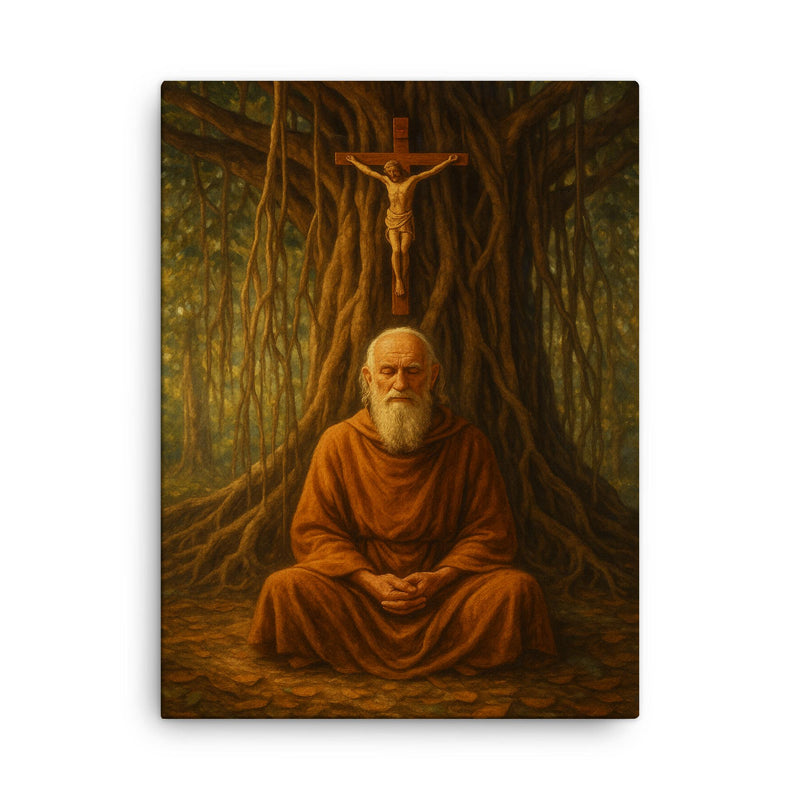 Bede Griffiths beneath banyan and crucifix canvas print on a plain backdrop in size 18
