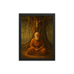 Bede Griffiths beneath banyan and crucifix framed print on a plain backdrop in size 12"x16".