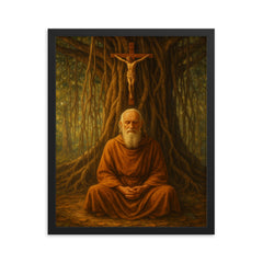 Bede Griffiths beneath banyan and crucifix framed print on a plain backdrop in size 16"x20".