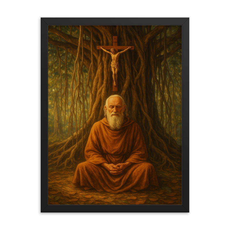 Bede Griffiths beneath banyan and crucifix framed print on a plain backdrop in size 18