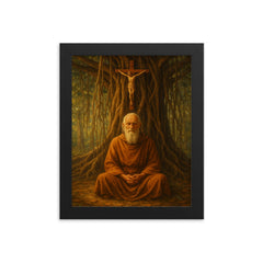 Bede Griffiths beneath banyan and crucifix framed print on a plain backdrop in size 8"x10".