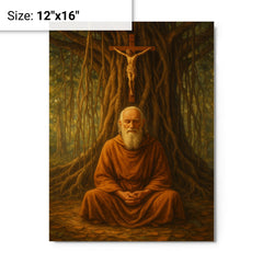 Bede Griffiths beneath banyan and crucifix metal print on a plain backdrop in size 12"x16".