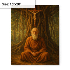 Bede Griffiths beneath banyan and crucifix metal print on a plain backdrop in size 16"x20".