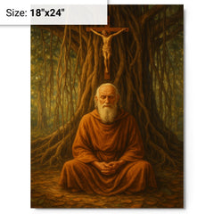 Bede Griffiths beneath banyan and crucifix metal print on a plain backdrop in size 18"x24".