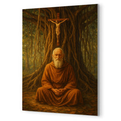 Bede Griffiths beneath banyan and crucifix metal print mockup