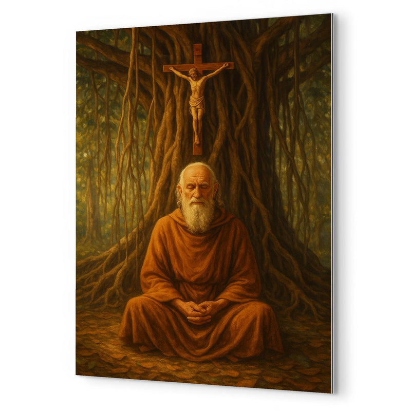 Bede Griffiths beneath banyan and crucifix metal print mockup