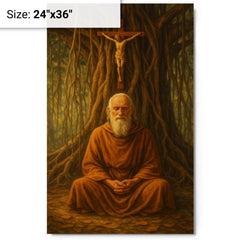 Bede Griffiths beneath banyan and crucifix metal print on a plain backdrop in size 24"x36".