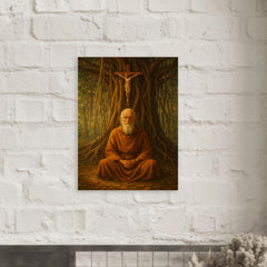 Bede Griffiths beneath banyan and crucifix metal print mockup