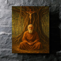 Bede Griffiths beneath banyan and crucifix metal print mockup