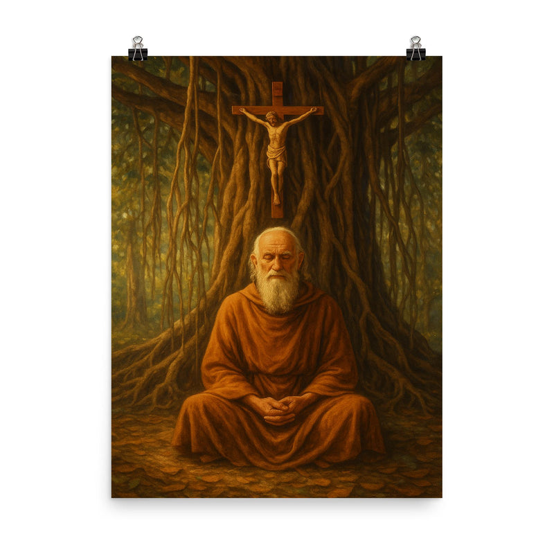 Bede Griffiths beneath banyan and crucifix poster on a plain backdrop in size 8