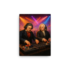 Beethoven and Bach in a DJ battle at turntables in a packed nightclub canvas print on a plain backdrop in size 12"x16".