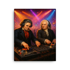 Beethoven and Bach in a DJ battle at turntables in a packed nightclub canvas print on a plain backdrop in size 16"x20".