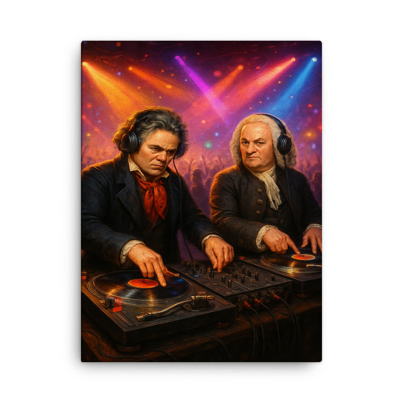 Beethoven and Bach in a DJ battle at turntables in a packed nightclub canvas print on a plain backdrop in size 18