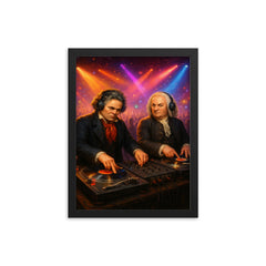 Beethoven and Bach in a DJ battle at turntables in a packed nightclub framed print on a plain backdrop in size 12"x16".