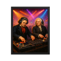 Beethoven and Bach in a DJ battle at turntables in a packed nightclub framed print on a plain backdrop in size 16"x20".