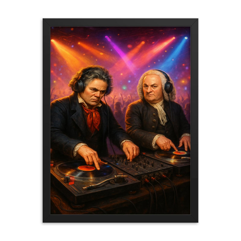 Beethoven and Bach in a DJ battle at turntables in a packed nightclub framed print on a plain backdrop in size 18