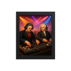 Beethoven and Bach in a DJ battle at turntables in a packed nightclub framed print on a plain backdrop in size 8"x10".