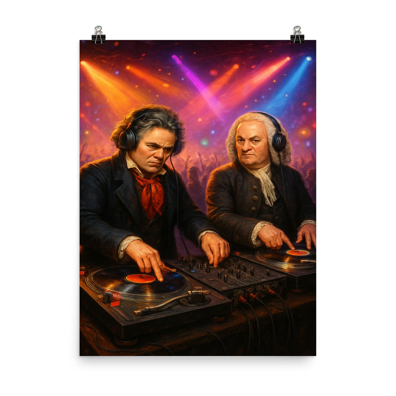 Beethoven and Bach in a DJ battle at turntables in a packed nightclub poster on a plain backdrop in size 8