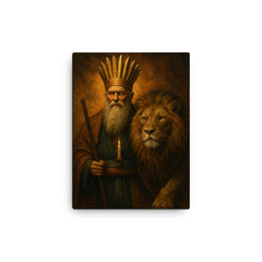 Bektashi dervish with lion and twelvefold crown canvas print on a plain backdrop in size 12"x16".