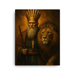 Bektashi dervish with lion and twelvefold crown canvas print on a plain backdrop in size 16"x20".