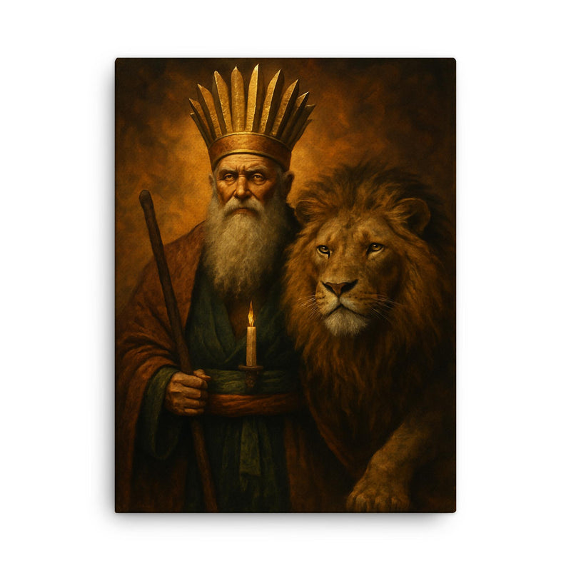 Bektashi dervish with lion and twelvefold crown canvas print on a plain backdrop in size 18