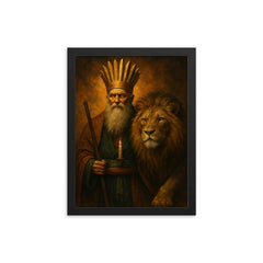 Bektashi dervish with lion and twelvefold crown framed print on a plain backdrop in size 12"x16".