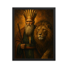 Bektashi dervish with lion and twelvefold crown framed print on a plain backdrop in size 16"x20".