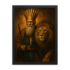 Bektashi dervish with lion and twelvefold crown framed print on a plain backdrop in size 18"x24".