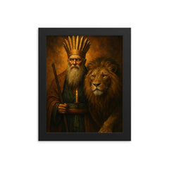 Bektashi dervish with lion and twelvefold crown framed print on a plain backdrop in size 8"x10".