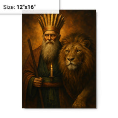 Bektashi dervish with lion and twelvefold crown metal print on a plain backdrop in size 12"x16".