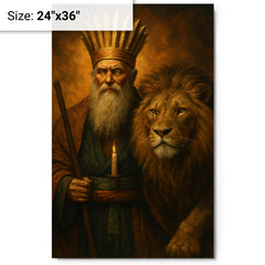 Bektashi dervish with lion and twelvefold crown metal print on a plain backdrop in size 24"x36".