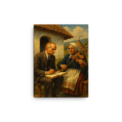 Bela Bartok collecting village melodies canvas print on a plain backdrop in size 12"x16".