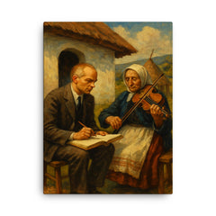 Bela Bartok collecting village melodies canvas print on a plain backdrop in size 18"x24".