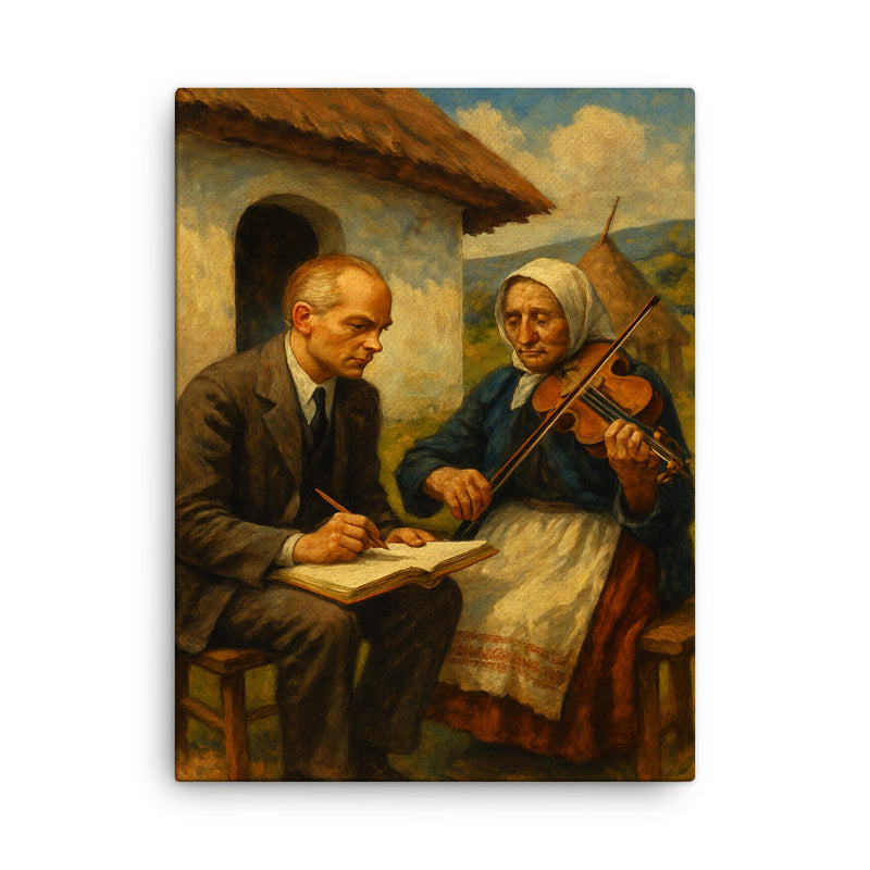 Bela Bartok collecting village melodies canvas print on a plain backdrop in size 18