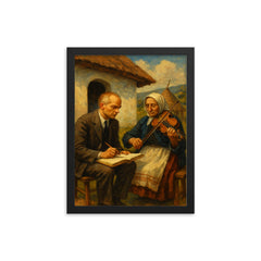 Bela Bartok collecting village melodies framed print on a plain backdrop in size 12"x16".