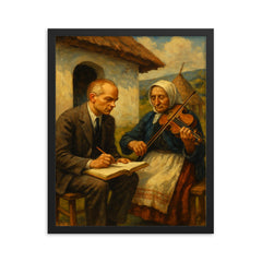 Bela Bartok collecting village melodies framed print on a plain backdrop in size 16"x20".