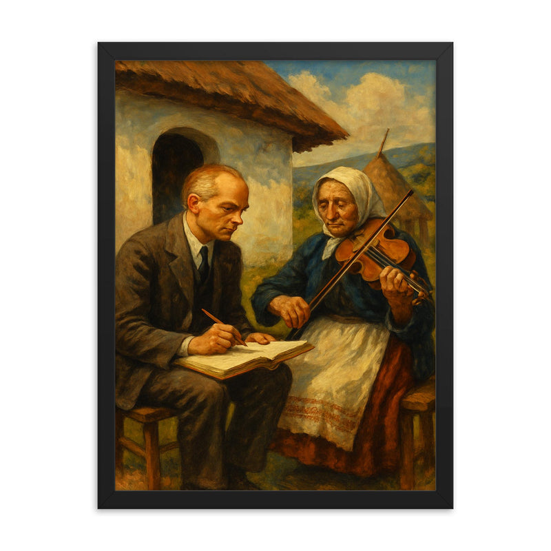 Bela Bartok collecting village melodies framed print on a plain backdrop in size 18